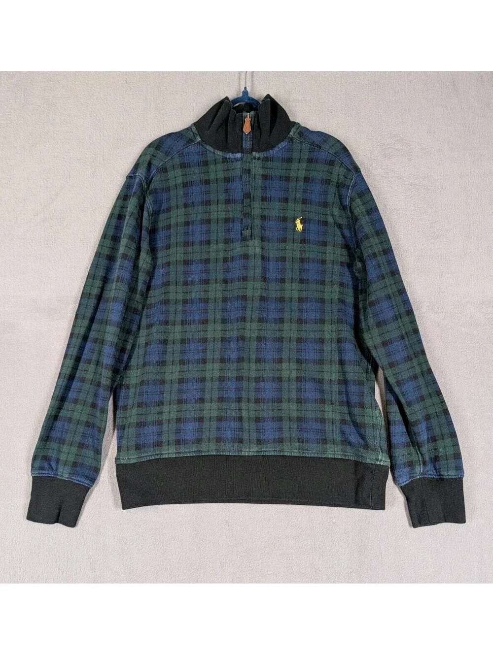 Polo Ralph Lauren Boys M 10 12 Blue Green Plaid Quarter Zip Sweatshirt Pullover